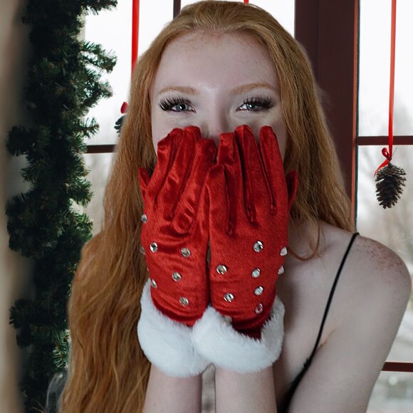 Red Christmas Short Gloves, Red Velvet White Faux Fur Rhinestones - Picture 5 of 5